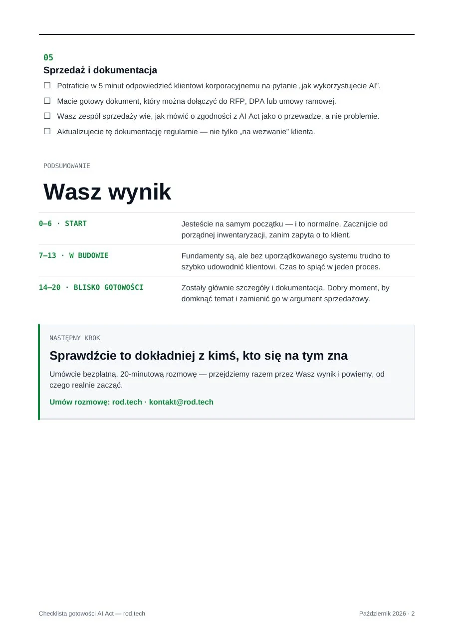 Checklista gotowości AI Act, strona 2: podsumowanie wyniku i następny krok