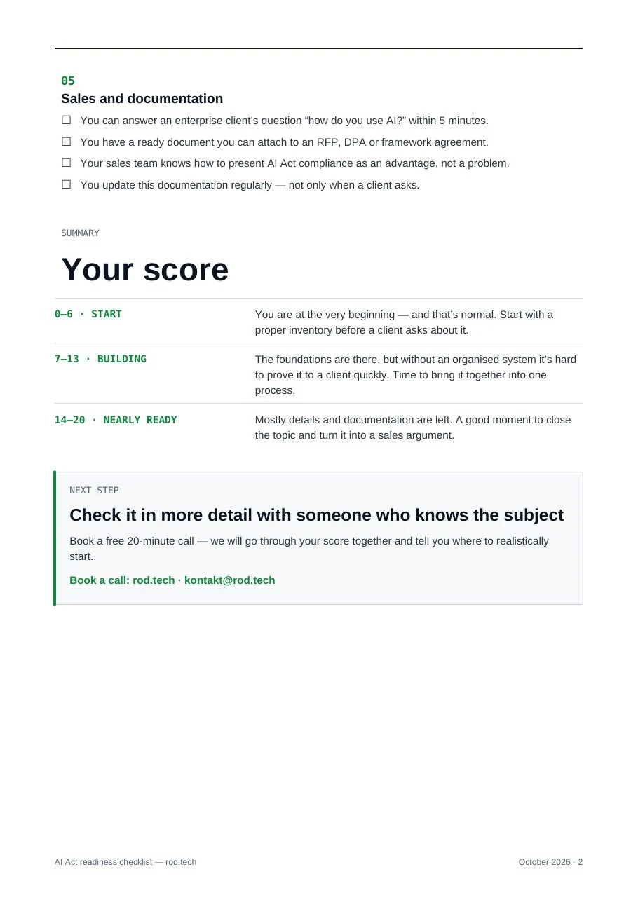 AI Act readiness checklist, page 2: score summary and next step