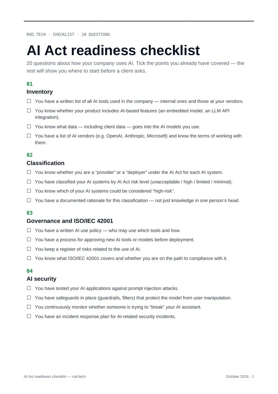 AI Act readiness checklist, page 1: 20 questions in five areas
