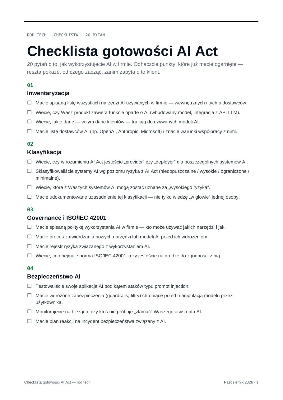 Checklista gotowości AI Act, strona 1: 20 pytań w pięciu obszarach